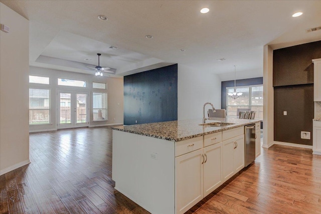 216 Allegrini St, Leander, TX 78641 - kitchen with dishwasher, light wood-type flooring, a ceiling fan, stone countertops, and a tray ceiling