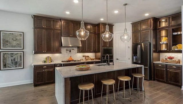 1316 Novara Trl, Leander, TX 78641 - kitchen with appliances with stainless steel finishes, under cabinet range hood, dark wood-type flooring, dark brown cabinets, and recessed lighting