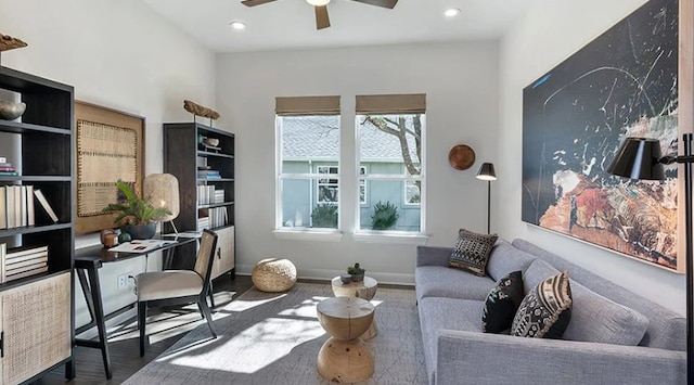 1316 Novara Trl, Leander, TX 78641 - living room with ceiling fan, healthy amount of natural light, wood finished floors, and recessed lighting