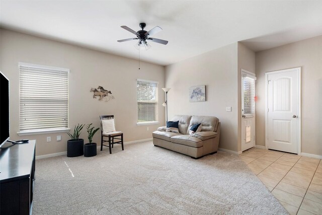 1407 Brashear Ct, Cedar Park, TX 78613 - living area featuring ceiling fan, light tile patterned flooring, and light colored carpet