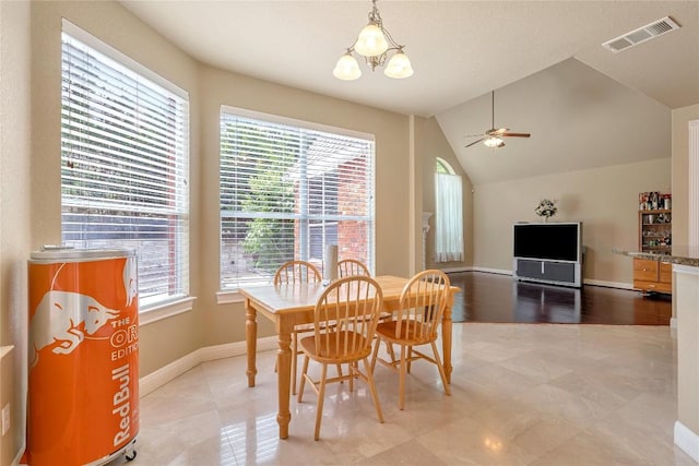 222 Vailco Ln, Austin, TX 78738 - dining room featuring a chandelier, lofted ceiling, ceiling fan, and light tile patterned flooring