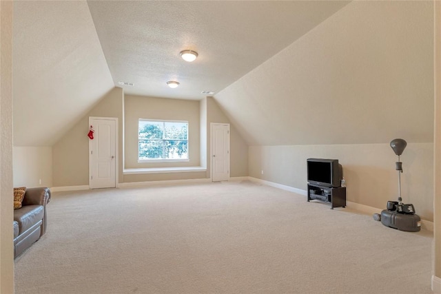222 Vailco Ln, Austin, TX 78738 - additional living space with light colored carpet, vaulted ceiling, and a textured ceiling