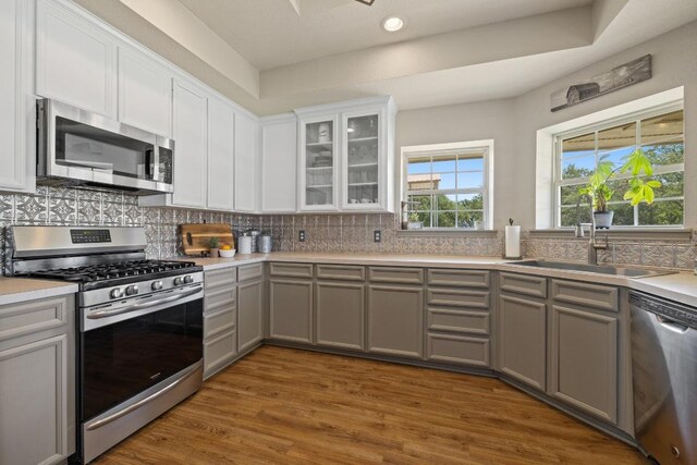 1201 County Road 229, Florence, TX 76527 - kitchen with stainless steel appliances, gray cabinets, tasteful backsplash, light countertops, and recessed lighting