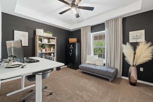 1201 County Road 229, Florence, TX 76527 - carpeted home office featuring a tray ceiling and a ceiling fan
