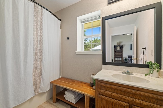 1201 County Road 229, Florence, TX 76527 - full bath featuring vanity, a shower with shower curtain, and a textured wall