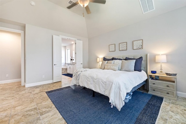 4225 Borho Ranch St, Leander, TX 78641 - bedroom featuring ensuite bath, ceiling fan, high vaulted ceiling, and light tile patterned flooring