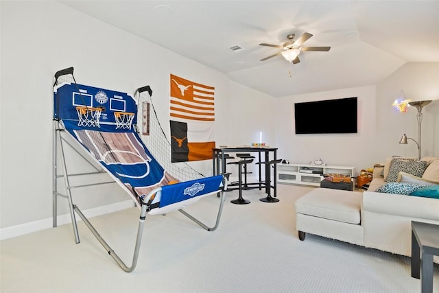 4225 Borho Ranch St, Leander, TX 78641 - carpeted living area featuring ceiling fan and vaulted ceiling