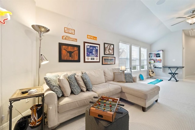 4225 Borho Ranch St, Leander, TX 78641 - living room featuring carpet floors, a ceiling fan, and vaulted ceiling