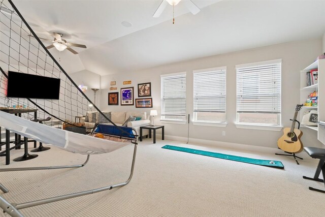 4225 Borho Ranch St, Leander, TX 78641 - rec room with a ceiling fan, carpet flooring, and vaulted ceiling