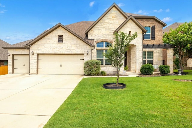 4225 Borho Ranch St, Leander, TX 78641 - french country home with an attached garage, stone siding, driveway, a front lawn, and a shingled roof