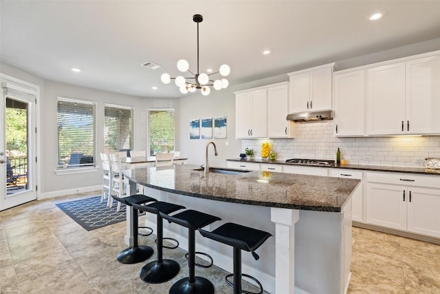 4225 Borho Ranch St, Leander, TX 78641 - kitchen with stainless steel gas stovetop, under cabinet range hood, tasteful backsplash, recessed lighting, and a kitchen island with sink