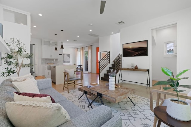 2500 Southland Dr Unit B, Austin, TX 78704 - living area featuring stairway, recessed lighting, and a ceiling fan