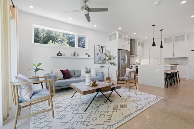 2500 Southland Dr Unit B, Austin, TX 78704 - living room with recessed lighting, a ceiling fan, and dark speckled floor