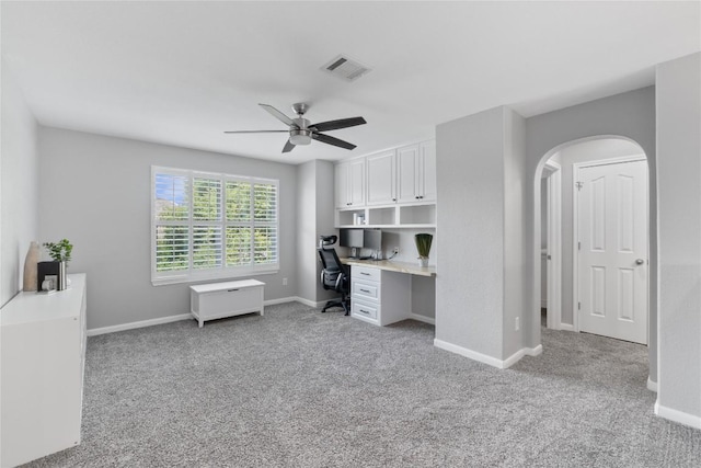 3431 Ranch Park Trl, Round Rock, TX 78681 - office featuring carpet flooring, ceiling fan, and arched walkways