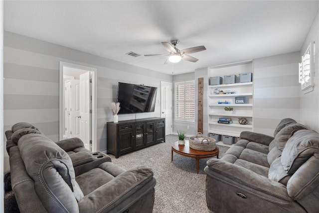 3431 Ranch Park Trl, Round Rock, TX 78681 - living area featuring a ceiling fan, light carpet, and healthy amount of natural light