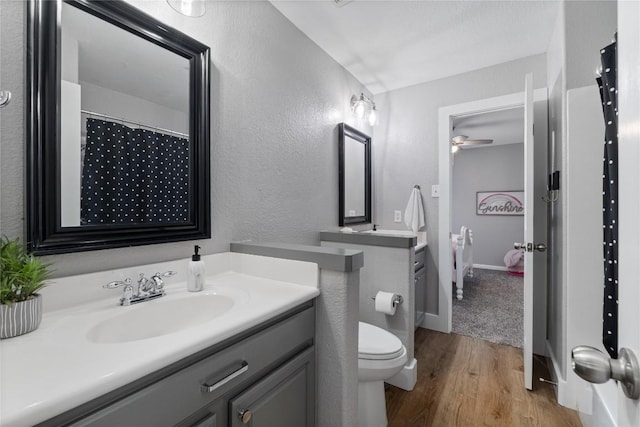 3431 Ranch Park Trl, Round Rock, TX 78681 - full bath featuring vanity, wood finished floors, a textured wall, and ceiling fan