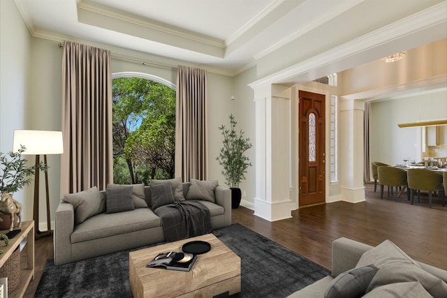 138 Top O The Lake Dr, Lakeway, TX 78734 - living area featuring a raised ceiling, dark wood finished floors, ornamental molding, and ornate columns