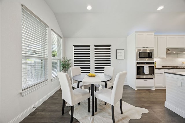 1816 Arapaho Mountain Pass, Leander, TX 78641 - dining room with lofted ceiling, dark wood-style floors, and recessed lighting