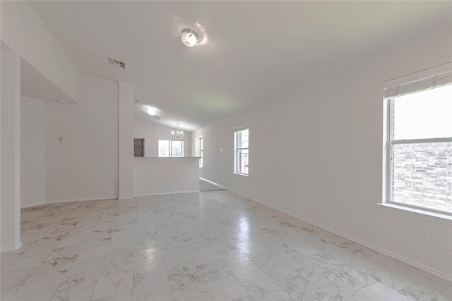 1504 Morning Mist Ln, Pflugerville, TX 78660 - unfurnished living room with light marble finish flooring and lofted ceiling