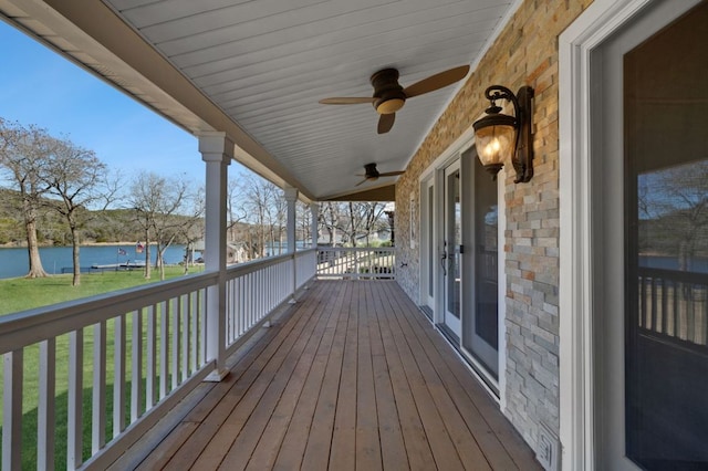 10810 River Terrace Cir, Austin, TX 78733 - porch featuring a water view, a ceiling fan, and a yard