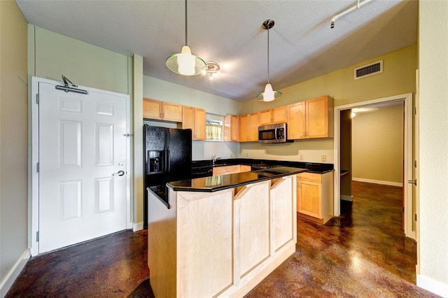 711 W 26th St Unit 504, Austin, TX 78705 - kitchen featuring light brown cabinets, stainless steel microwave, concrete flooring, dark countertops, and a kitchen island
