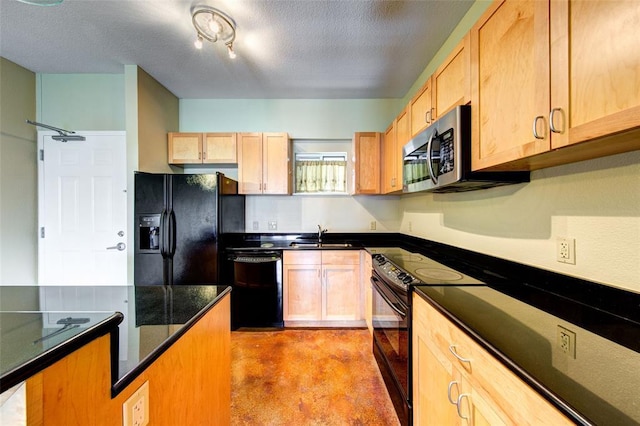 711 W 26th St Unit 504, Austin, TX 78705 - kitchen with black appliances, concrete floors, a textured ceiling, dark stone countertops, and light brown cabinetry