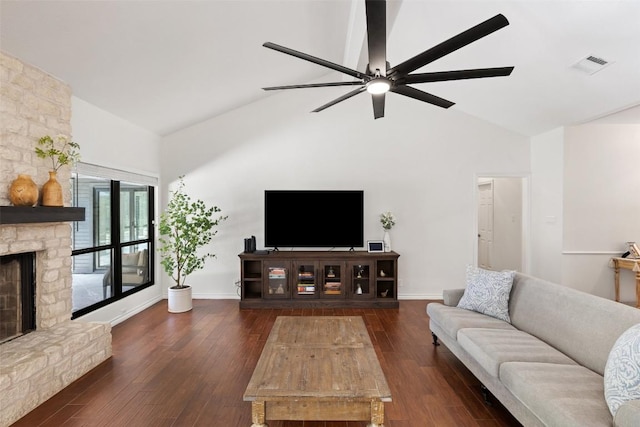 103 Schooner Dr, Lakeway, TX 78738 - living room with high vaulted ceiling, wood finished floors, a ceiling fan, and a stone fireplace