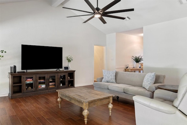 103 Schooner Dr, Lakeway, TX 78738 - living room featuring high vaulted ceiling, a ceiling fan, beamed ceiling, and wood finished floors