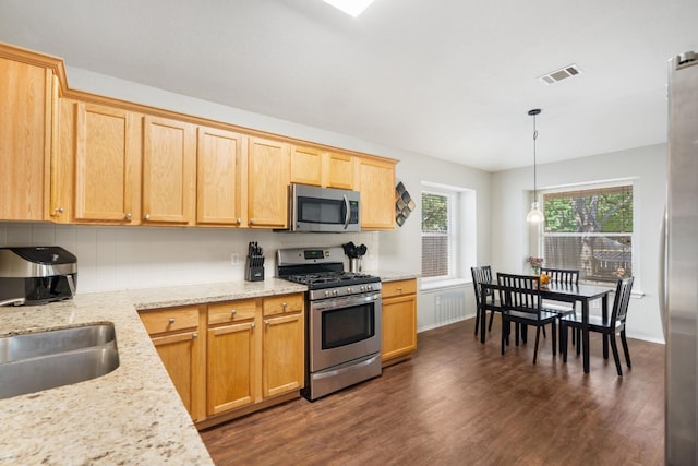 1109 Pine Portage Loop, Leander, TX 78641 - kitchen with stainless steel appliances, dark wood finished floors, decorative light fixtures, light stone countertops, and decorative backsplash