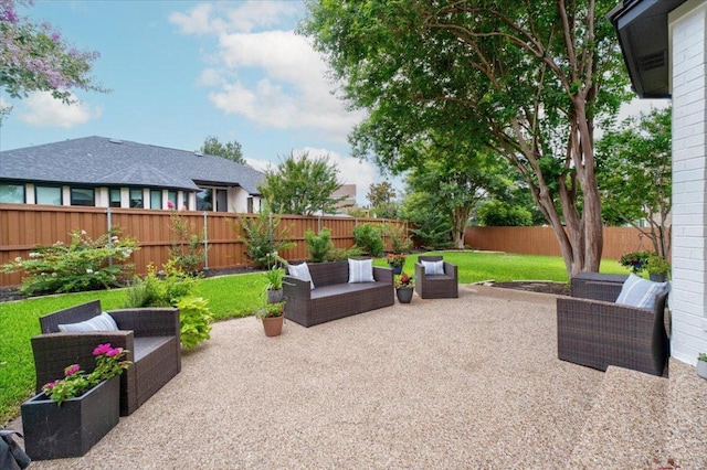 5304 China Garden Dr, Austin, TX 78730 - fenced backyard featuring an outdoor hangout area and a patio