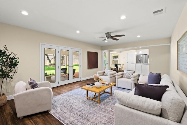 7606 Mesa Dr, Austin, TX 78731 - living area featuring french doors, dark wood-style floors, recessed lighting, and a ceiling fan