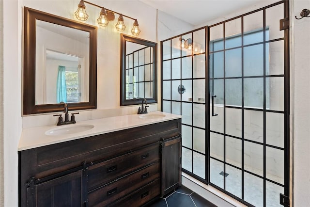 1424 Roxannes Run, Pflugerville, TX 78660 - bathroom featuring a stall shower, double vanity, and tile patterned floors