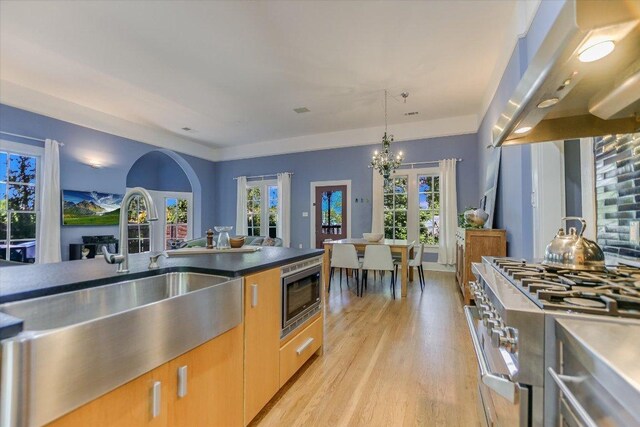 2109 Nickerson St, Austin, TX 78704 - kitchen with stainless steel appliances, exhaust hood, light wood-type flooring, and plenty of natural light
