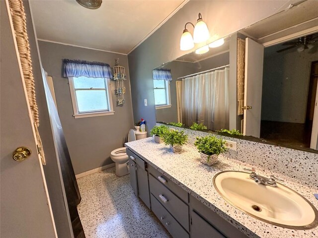 407 4th Ave, Smithville, TX 78957 - bathroom featuring speckled floor, vanity, crown molding, and a shower with shower curtain