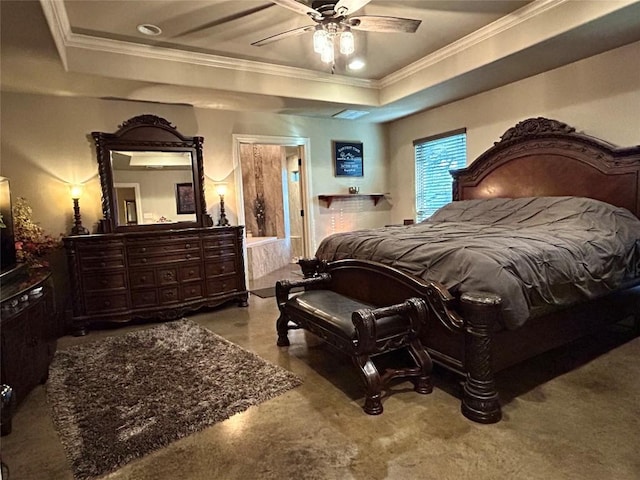 304 Bluestem Cv, Georgetown, TX 78633 - bedroom with a raised ceiling, ornamental molding, and a ceiling fan