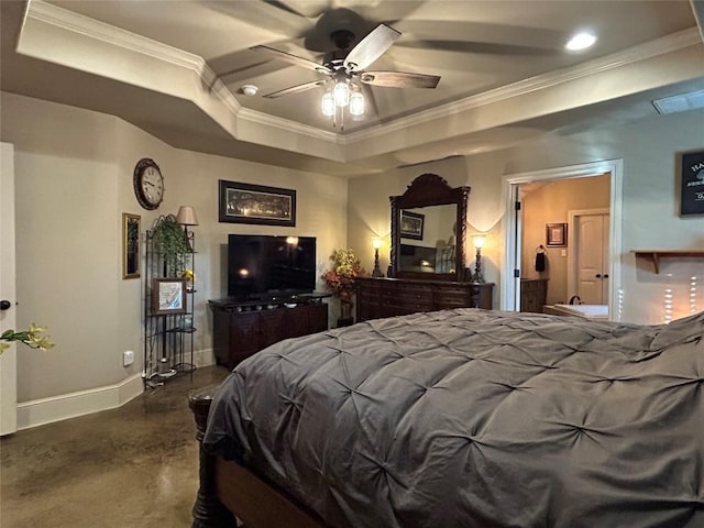 304 Bluestem Cv, Georgetown, TX 78633 - bedroom featuring a raised ceiling, crown molding, and finished concrete floors