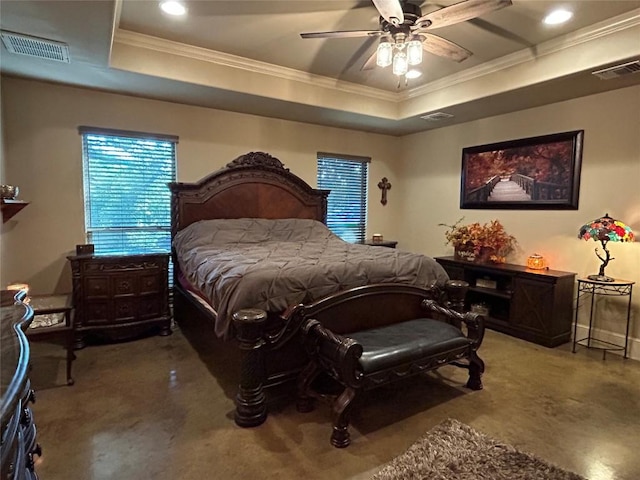 304 Bluestem Cv, Georgetown, TX 78633 - bedroom with a tray ceiling, ornamental molding, carpet floors, and ceiling fan