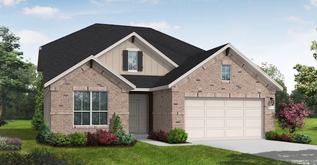 352 Ridgewell Loop, Georgetown, TX 78633 - craftsman-style home featuring concrete driveway, board and batten siding, brick siding, and a front lawn
