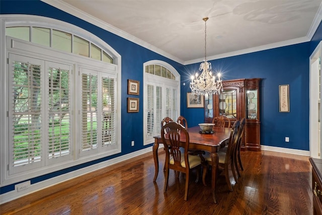 2319 Woodway Dr, Round Rock, TX 78681 - dining area with a chandelier, dark wood-style flooring, and crown molding