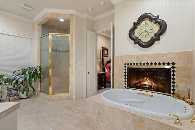 2319 Woodway Dr, Round Rock, TX 78681 - full bathroom featuring ornamental molding, a stall shower, a garden tub, a tile fireplace, and ensuite bath