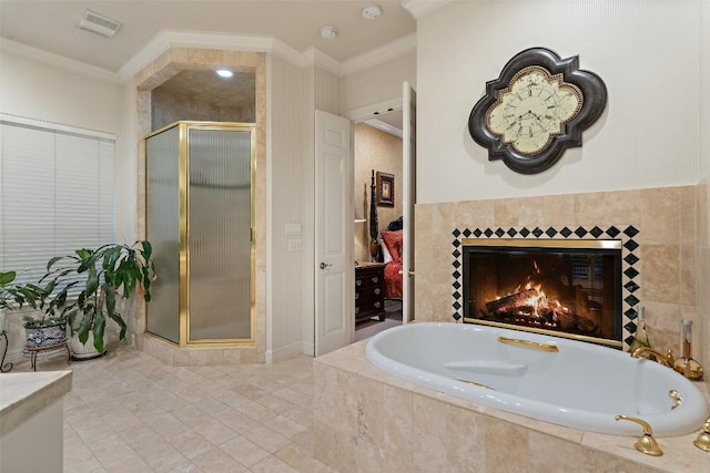 2319 Woodway Dr, Round Rock, TX 78681 - bathroom with ornamental molding, a shower stall, a bath, and a tiled fireplace