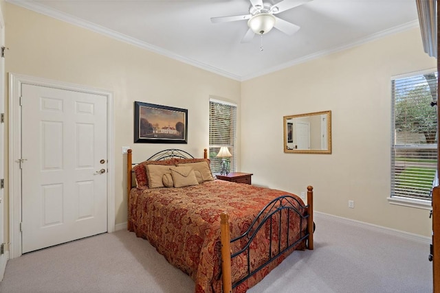2319 Woodway Dr, Round Rock, TX 78681 - bedroom with light carpet, ornamental molding, and ceiling fan