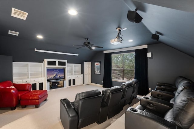 2319 Woodway Dr, Round Rock, TX 78681 - home theater room with vaulted ceiling, carpet floors, ceiling fan, and recessed lighting