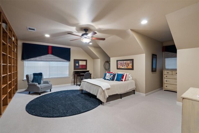 2319 Woodway Dr, Round Rock, TX 78681 - bedroom featuring light colored carpet, recessed lighting, ceiling fan, and vaulted ceiling