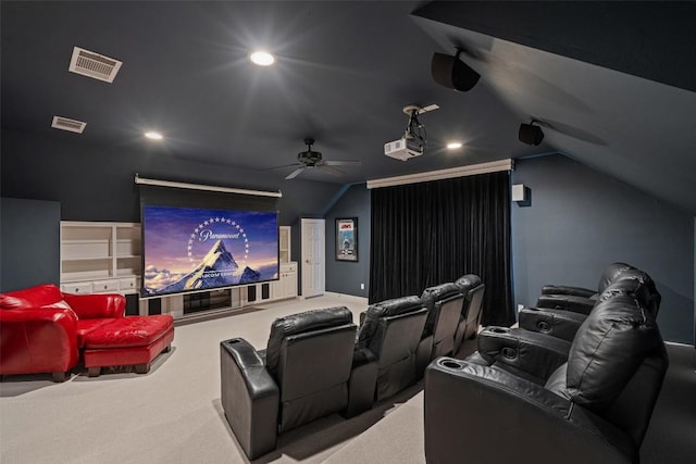 2319 Woodway Dr, Round Rock, TX 78681 - carpeted cinema featuring vaulted ceiling, a ceiling fan, and recessed lighting