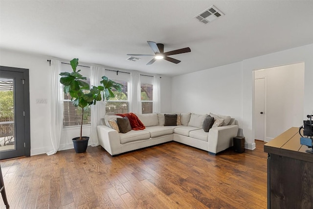 216 Prairie Verbena Dr, Kyle, TX 78640 - living area with a ceiling fan and dark wood-style flooring
