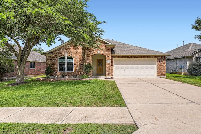 9508 Castle Pines Dr, Austin, TX 78717 - traditional-style house featuring an attached garage, brick siding, a front yard, concrete driveway, and a shingled roof