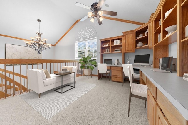 8300 Money Pit Rd, Killeen, TX 76542 - home office featuring built in study area, a ceiling fan, a chandelier, light carpet, and high vaulted ceiling