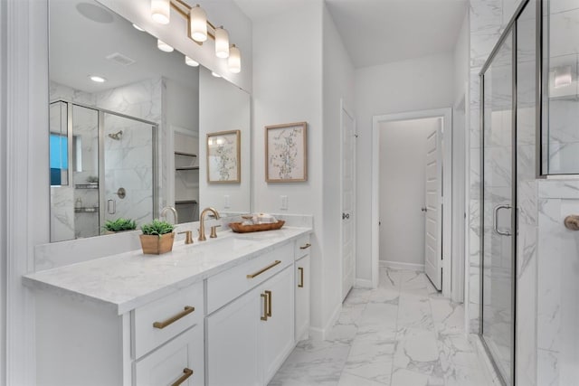 2437 Burberry Ln, Leander, TX 78641 - full bathroom featuring marble finish flooring, vanity, a closet, and a marble finish shower