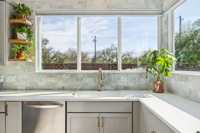 5703 Taunton Dr, Austin, TX 78723 - kitchen with dishwasher, backsplash, and light countertops